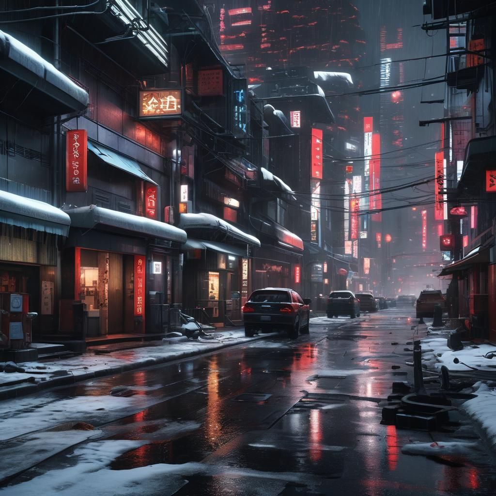 Futuristic Grimy Cityscape at Mt. Fuji in Cyberpunk Style