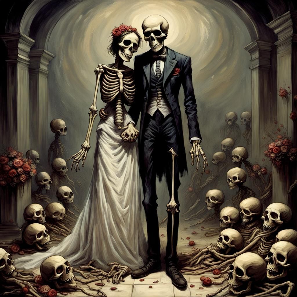Skeleton Wedding in Sinister Horror Painting Style