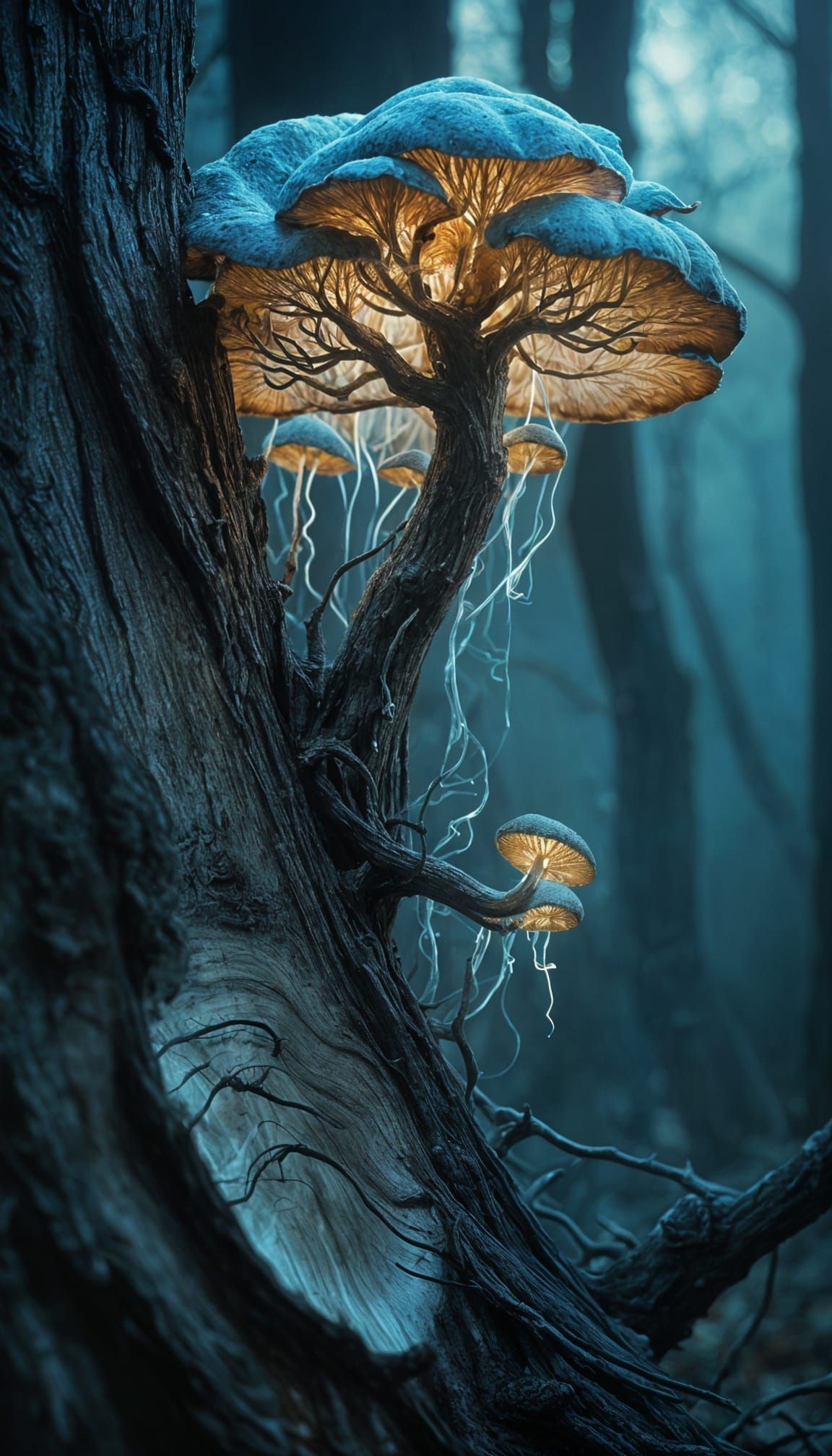 Glowing Bioluminescent Fungus on Tree Bark