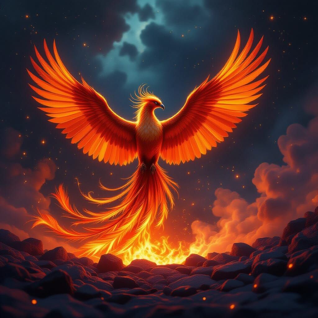 Majestic Phoenix Rising from Embers in Cosmic Vortex