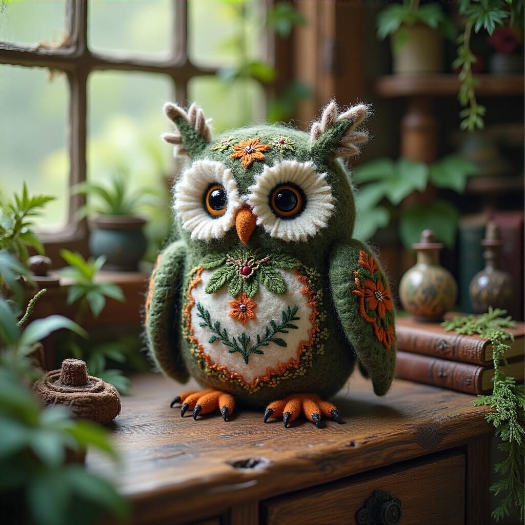 Embroidered Felt Owlbear Figurine in Whimsical Hut