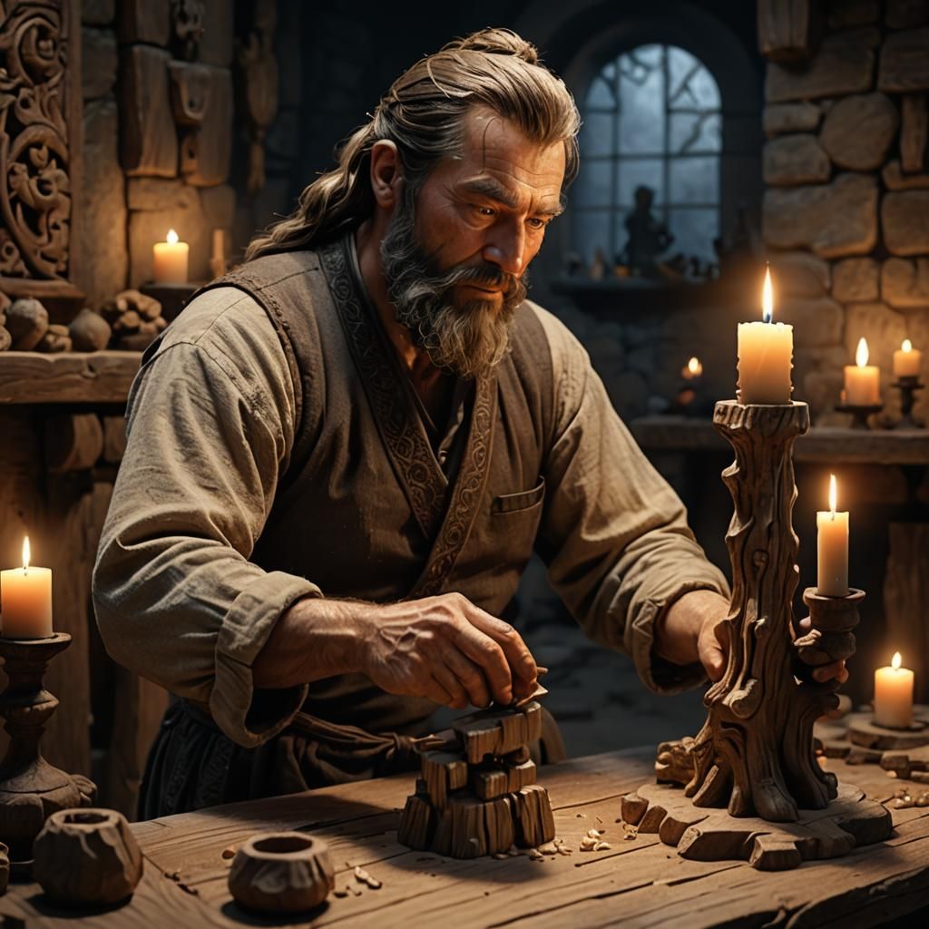 Carpenter Carving Figurine by Candlelight