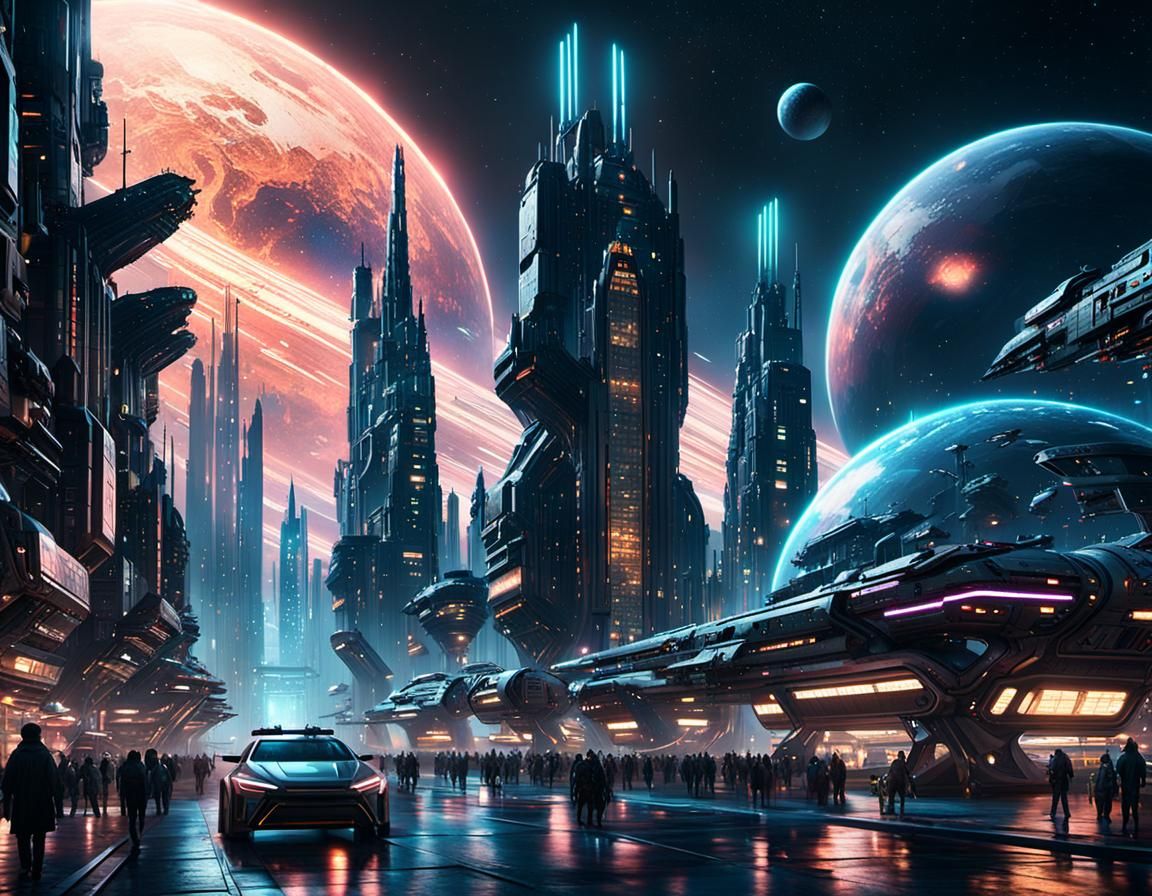 Futuristic Cyberpunk Cityscape with Spaceships