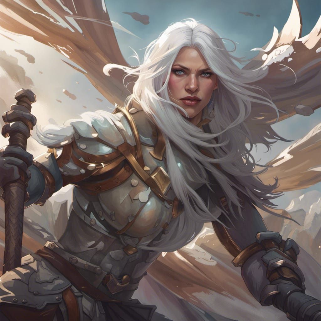 White-Haired Warrior Woman Portrait in Art Nouveau Style