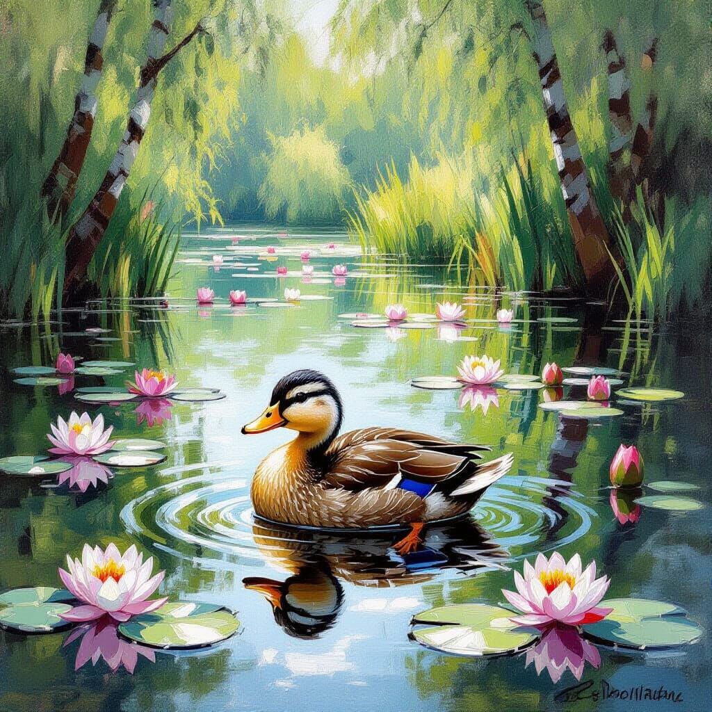 Duckling in Turquoise Lake: Impressionistic Forest Scene