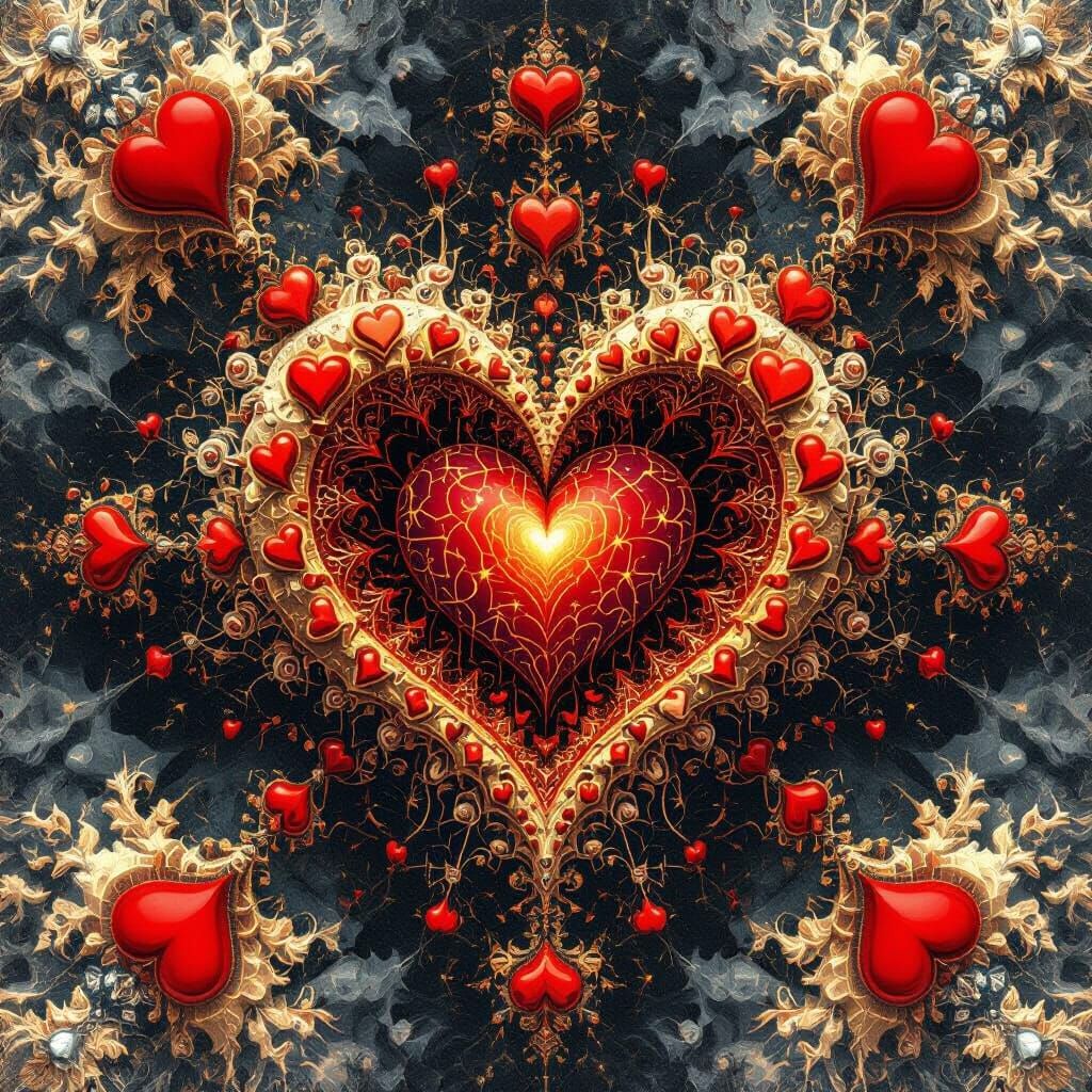 Intricate Fractal Hearts with Blood Flow and Gold Sparks