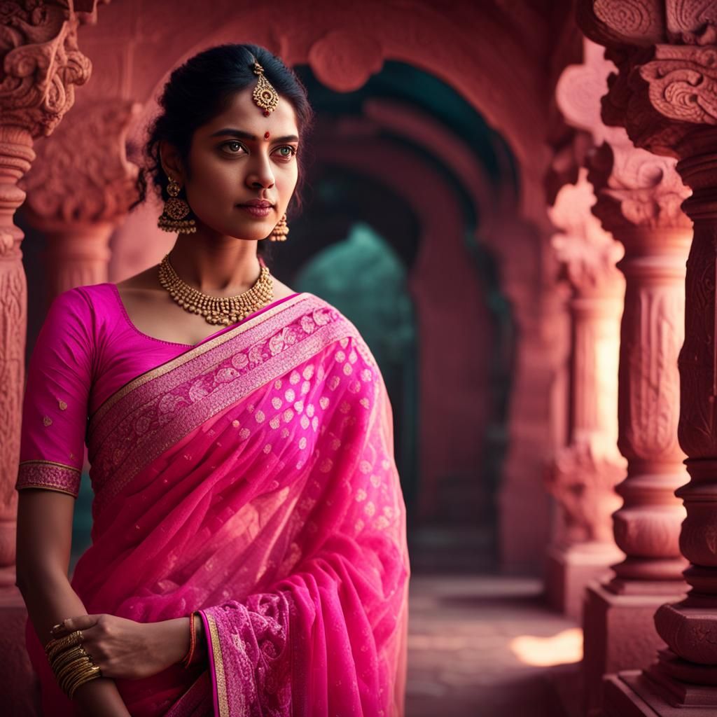 Woman in Pink Saree, Photorealistic Portrait