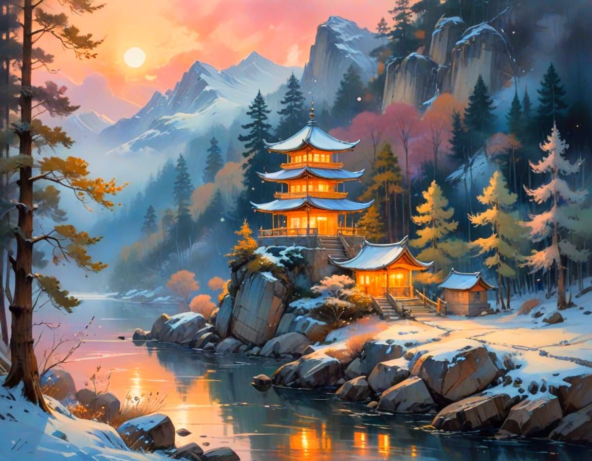 Snowy Pagoda Among Pines, Glowing Lanterns in Winter Night