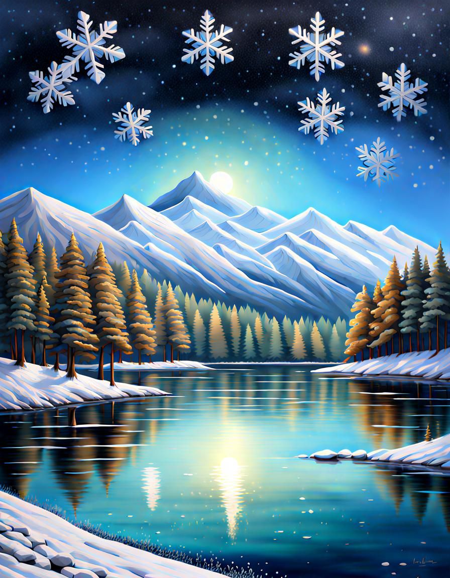 Snowflakes Fall on Lake Under Iridescent Moon