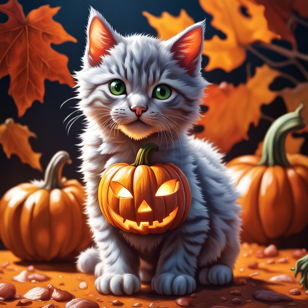 Hyperrealistic Kitten Halloween Pumpkin in Splash Art Style