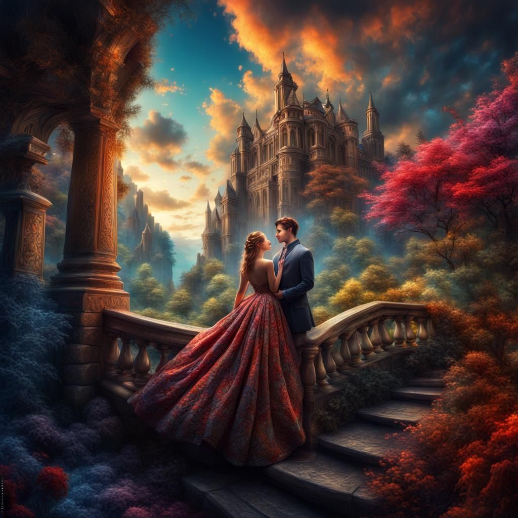 Romantic Couple in Epic Colorful Fantasy Landscape