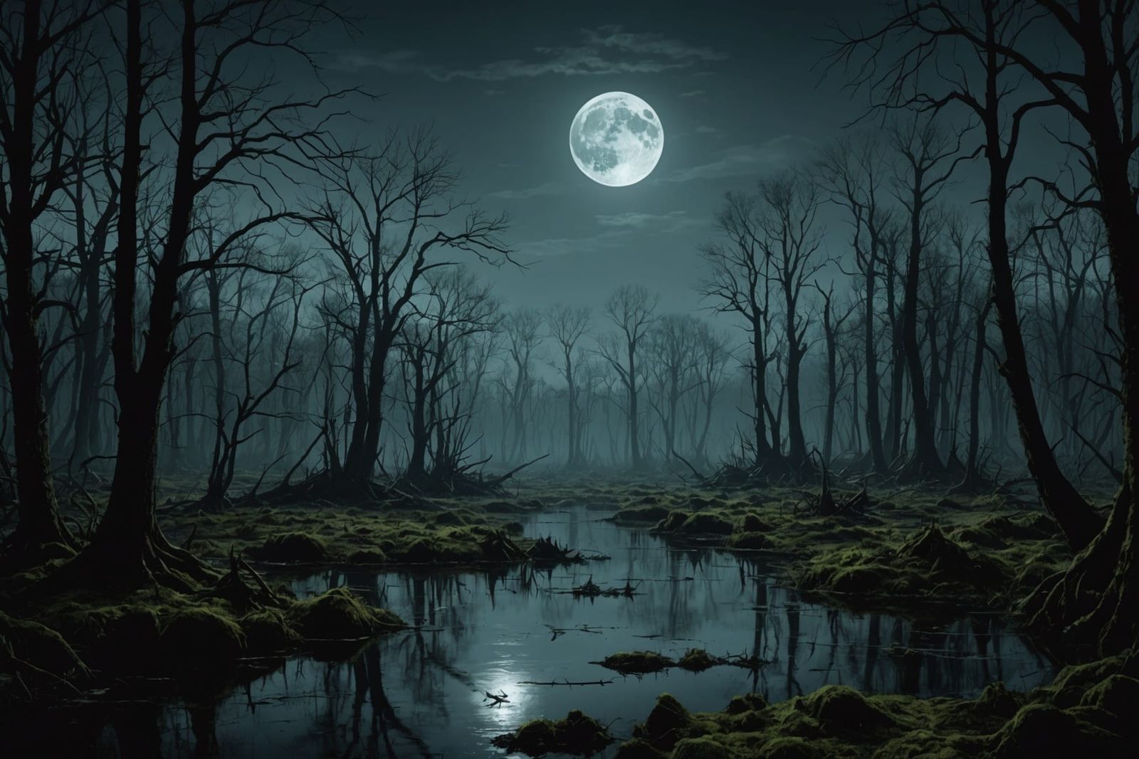 Eerie Moonlit Swamp in Dark Fantasy Style