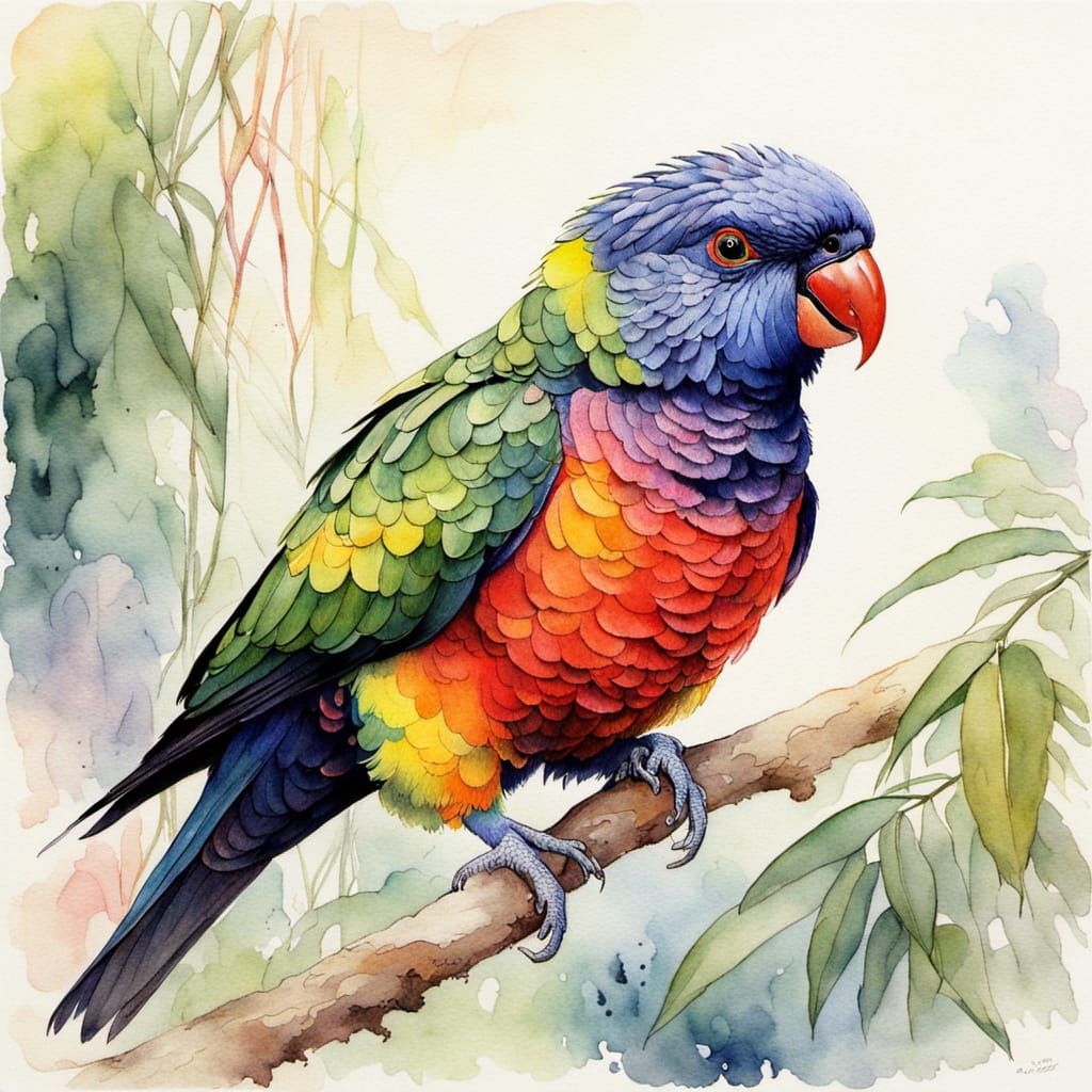 Vibrant Rainbow Lorikeet in Australian Rainforest Watercolor