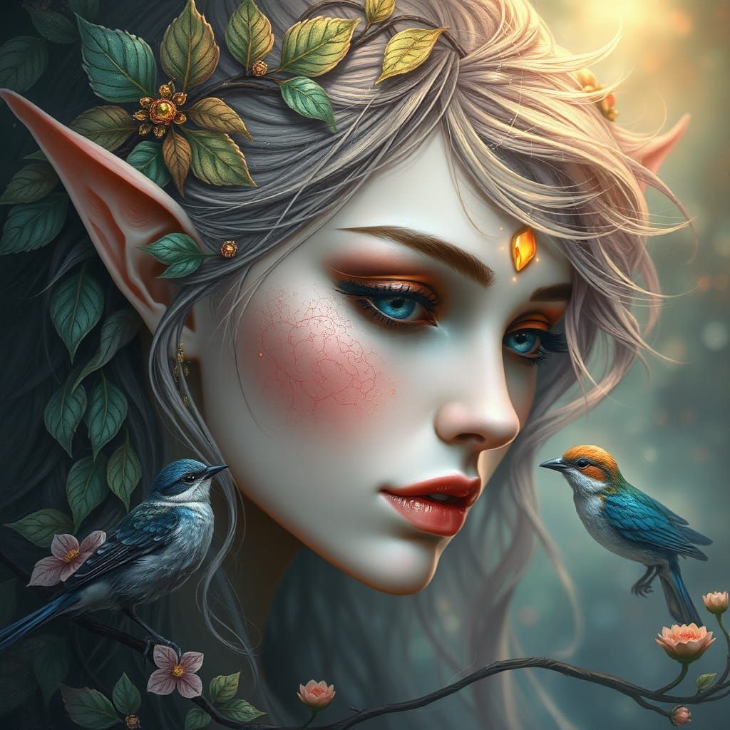 Ethereal Elven Portrait with Floral Skin Patterns