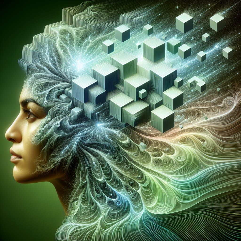 Surreal Light Green Portrait with Exploding Cubes