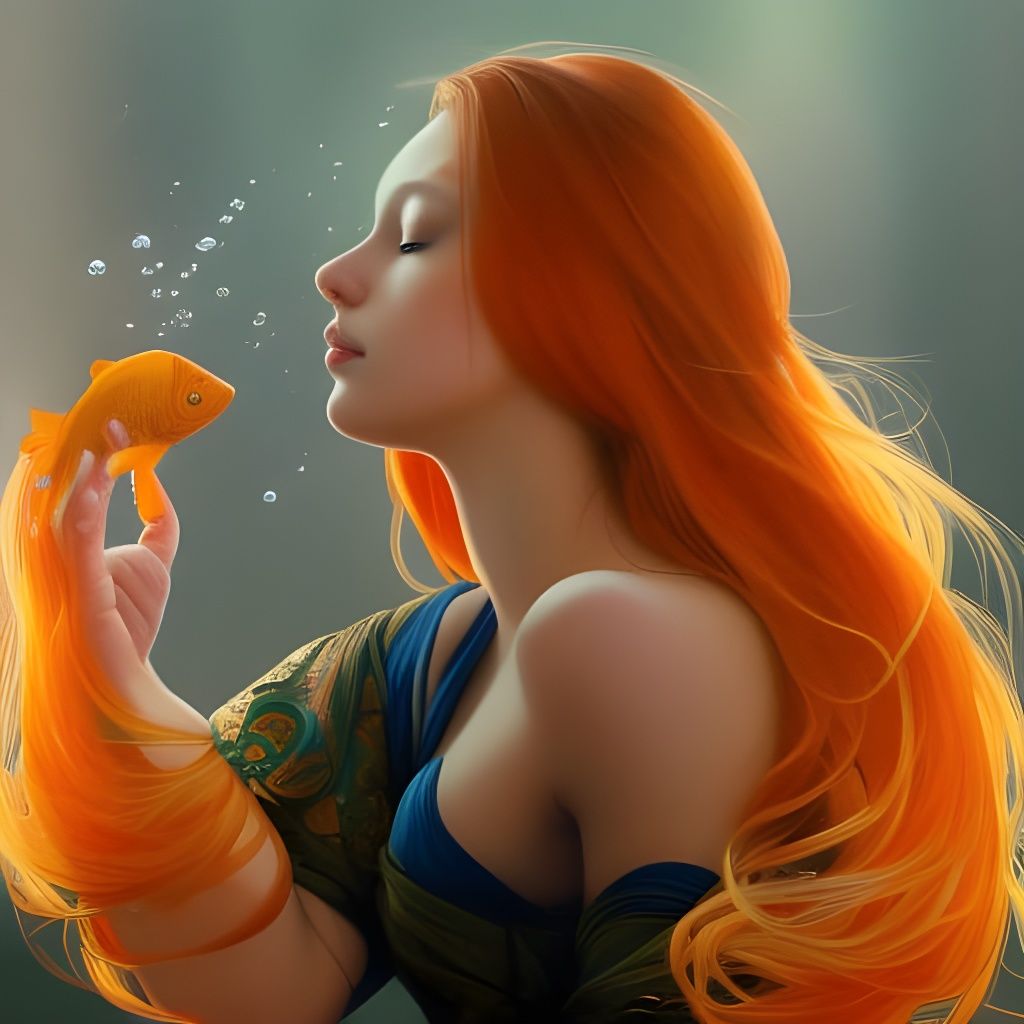 Orange-Haired Woman Swimming with Goldfish