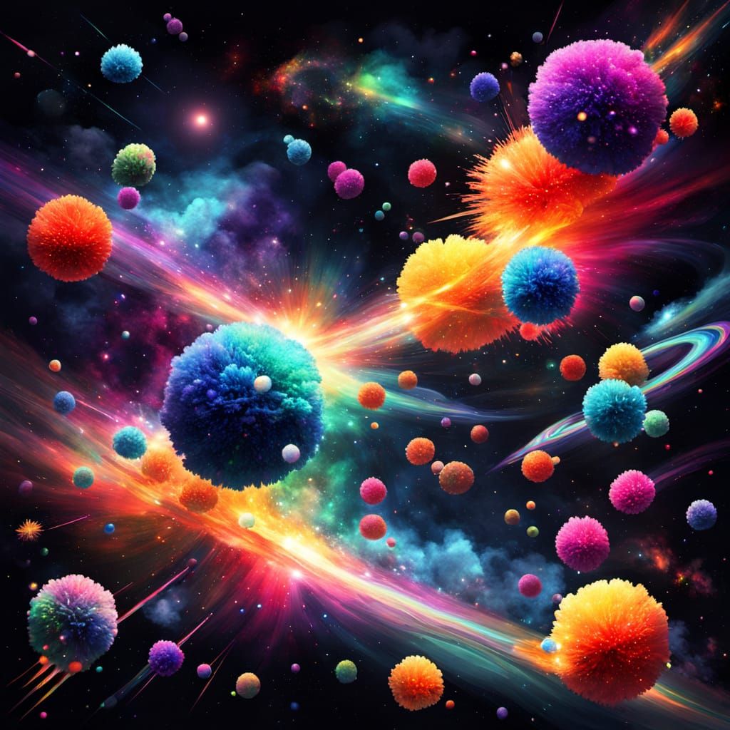 Rainbow Pom Pom Explosion in Dreamy Sci-Fi Space