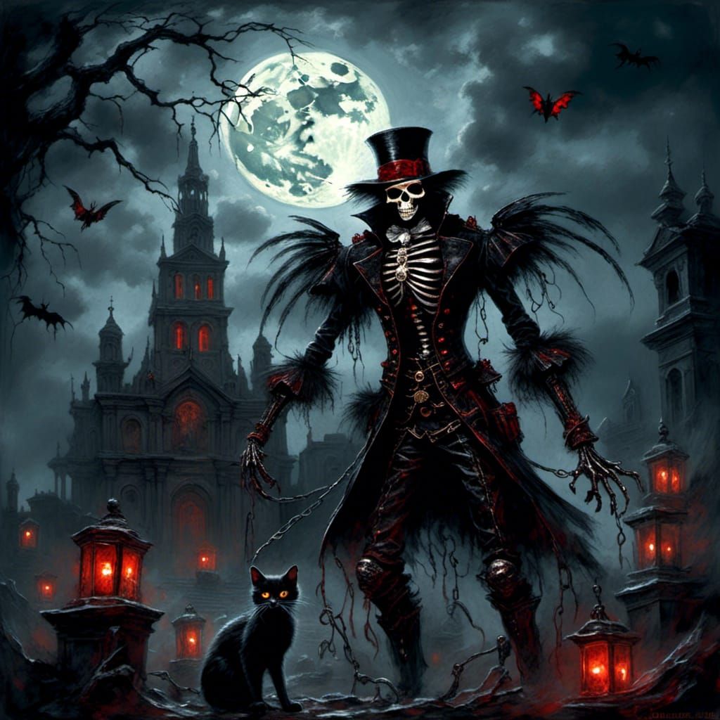 Eerie Skeletons and Mystical Cat in Gothic Art