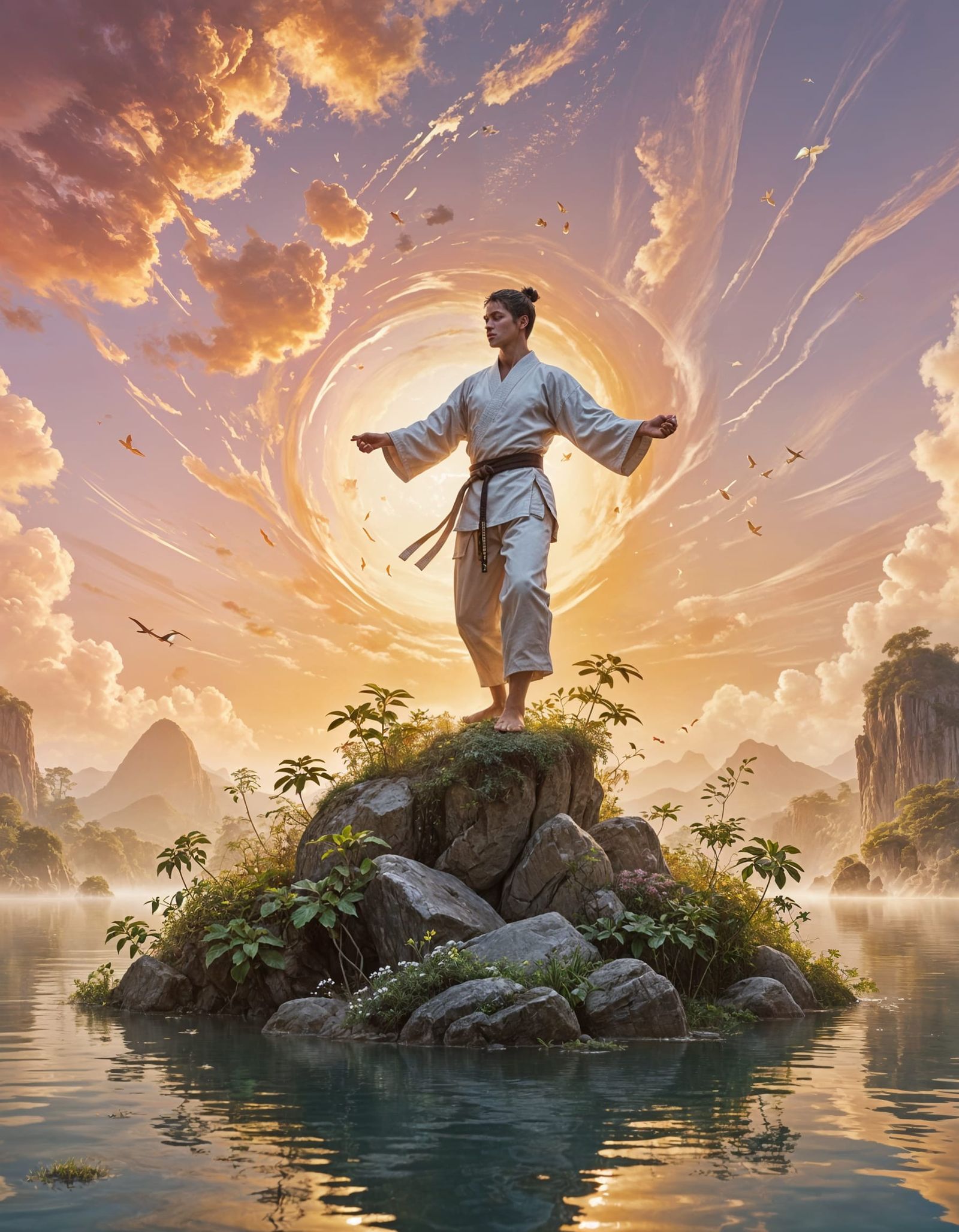 Serene Karate Fighter Meditating on Floating Island