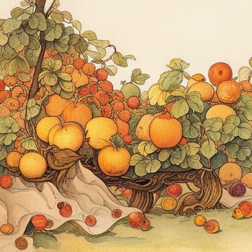 Autumn Orchard Harvest in Watercolor Style