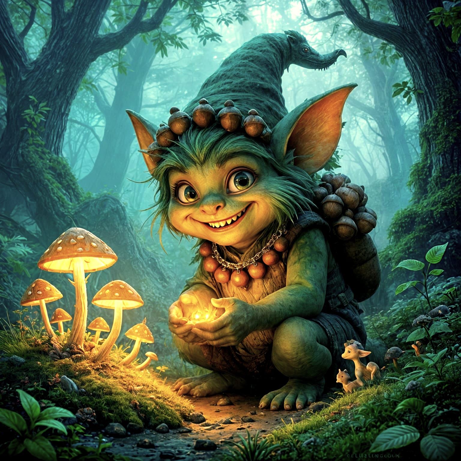 Whimsical Gremlin in Bioluminescent Mushroom Garden