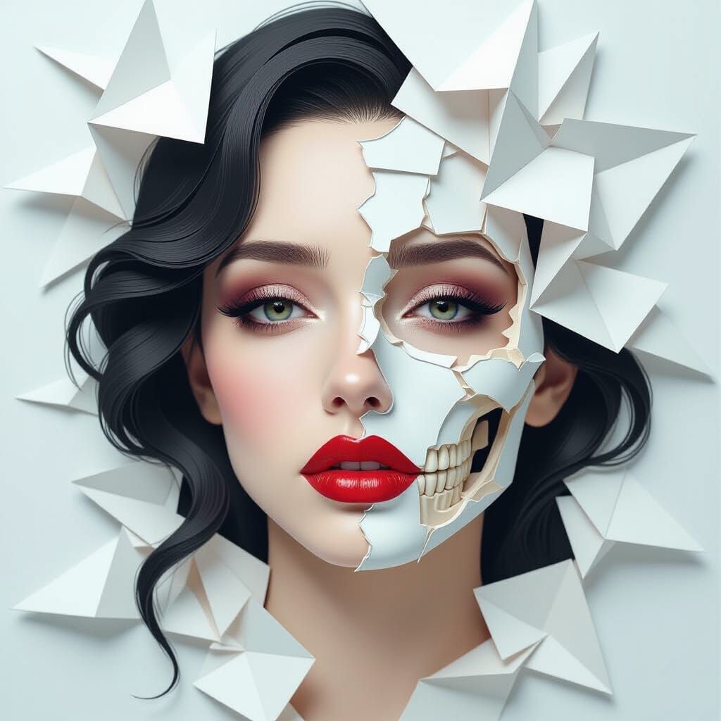 Distressed Woman with Melting Face in Origami