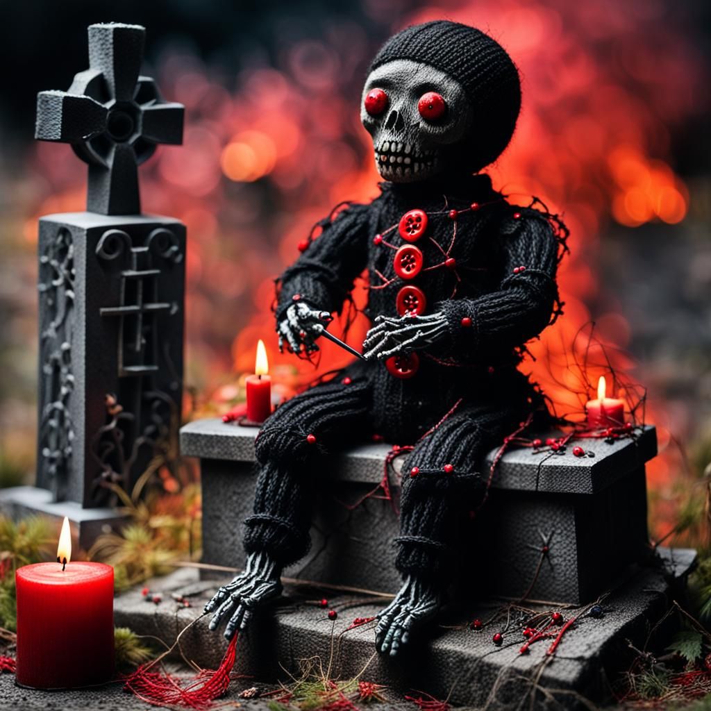 Creepy Voodoo Doll Leaning on Gravestone