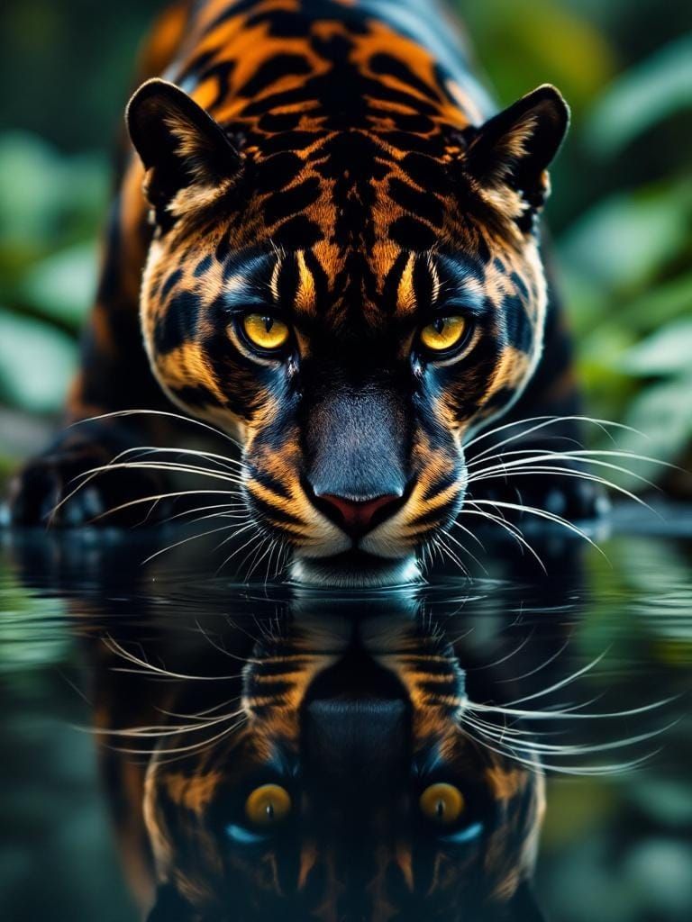 Panther Reflection in Jungle Pool