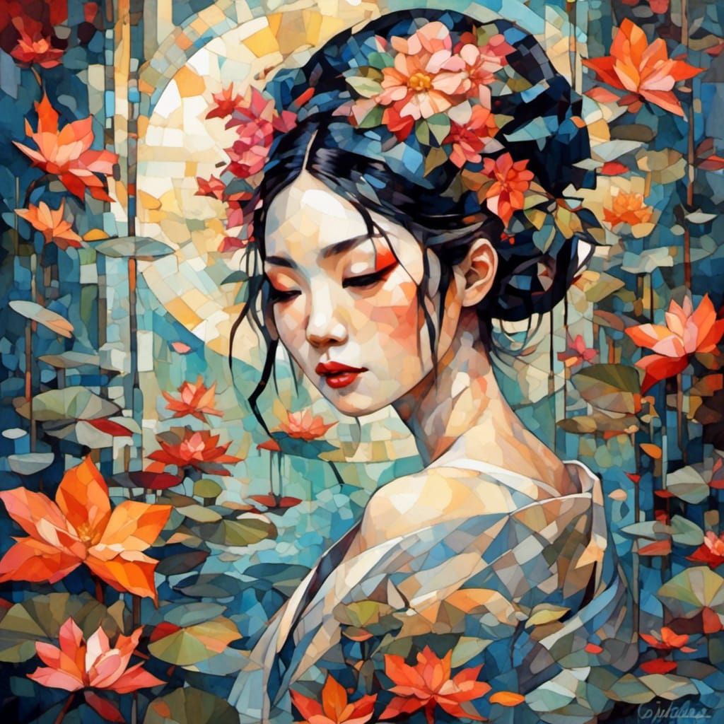 Geisha in Crystal Cubism Style Garden