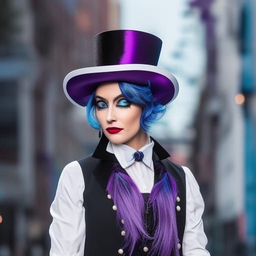 Hyperrealistic Woman Magician in Violet Circus Style