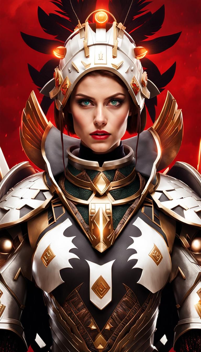 Woman in Cybernetic Armor with Aztec Headdress