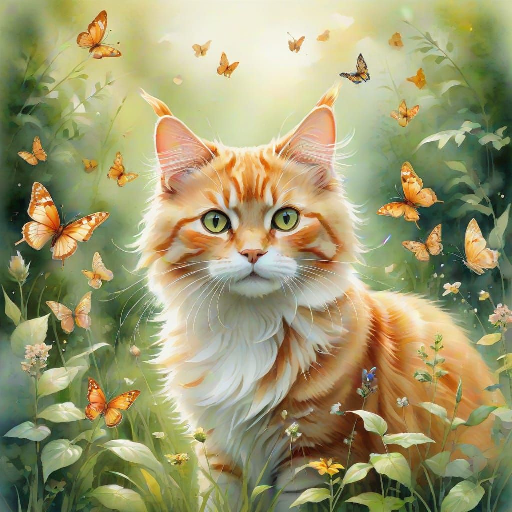 Ethereal Ginger Cat Plays with Butterflies in a Dreamlike Ga...