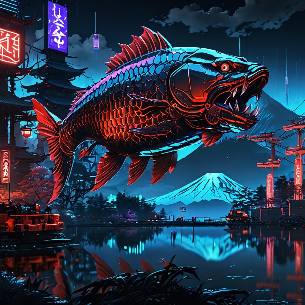 Neon Mecha Koi Carp and Mount Fuji