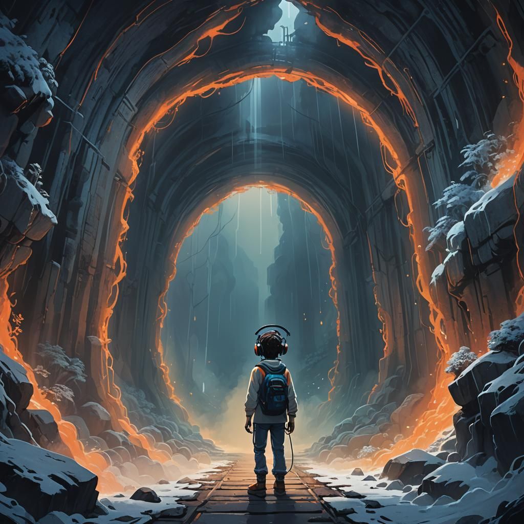 Ghibli-Style Apparition in Misty Mountain Tunnel
