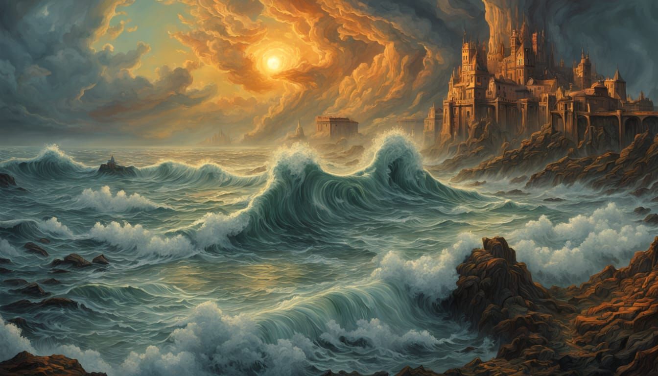 Surreal Seascape with Mythical Creature and Molten Gold Clou...