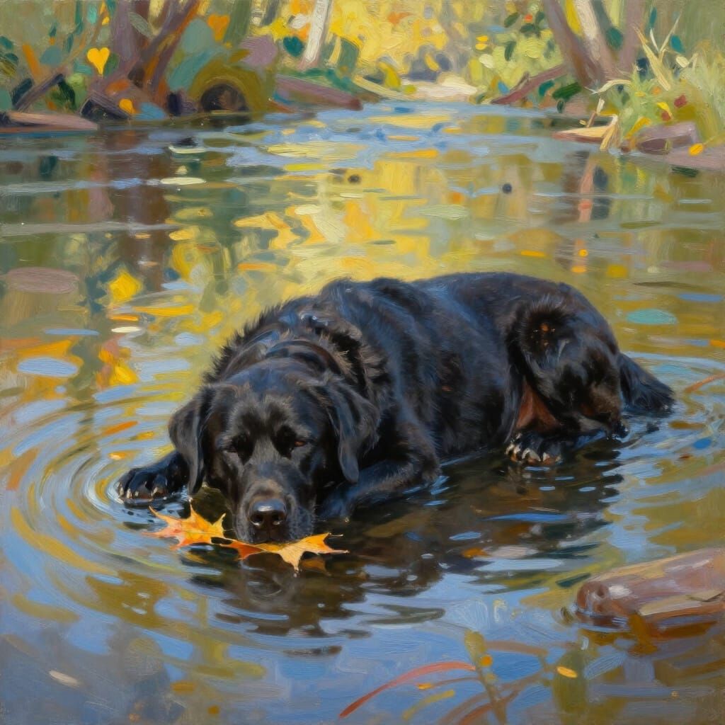 Black Labrador Sleeping on Autumn Leaf in River