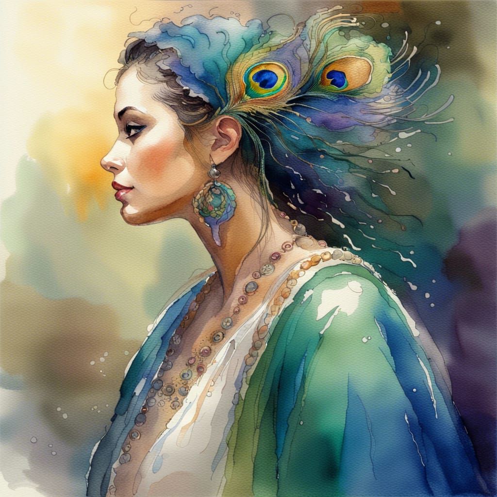 Beautiful Peacock Woman in Watercolor Style