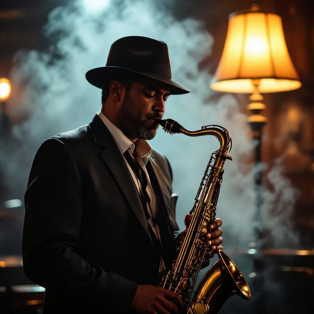 Saxophone Player in Smoky Jazz Club, Film Noir Style