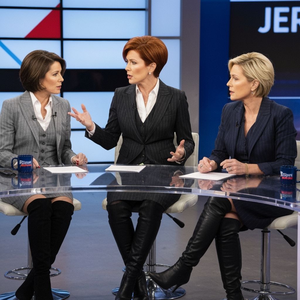 Businesswomen Arguing on Political Talk Show in Pinstripe Su...