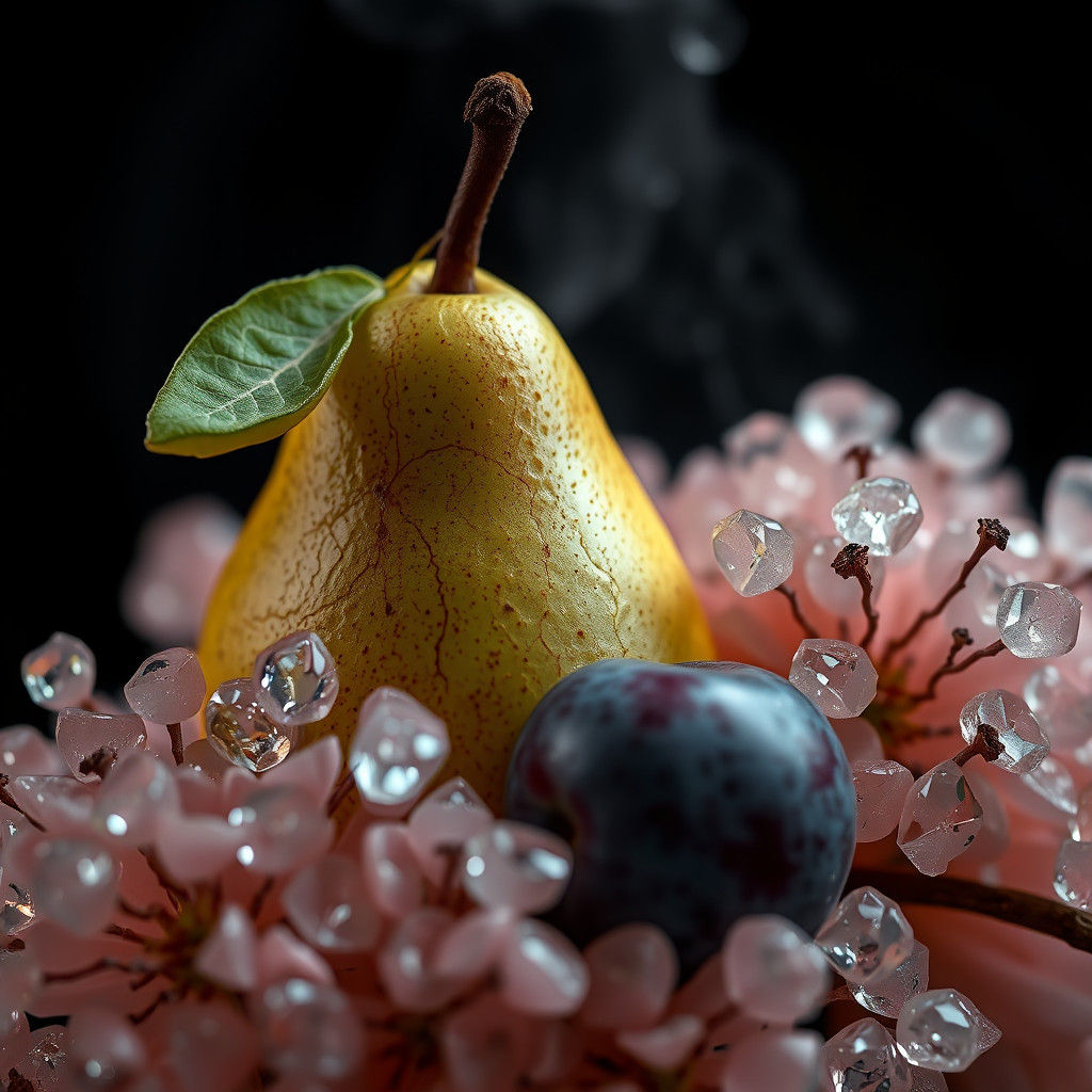 Hyperrealistic Pear, Plum, and Mimosa Still Life