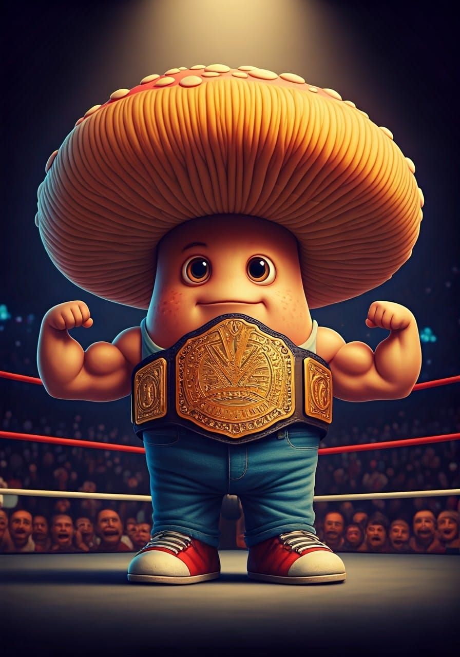 Groovy Mushroom Champion Flexes Muscular Biceps in Vibrant W...