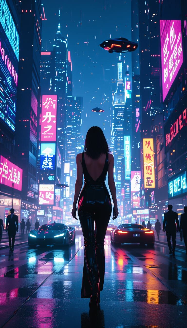 Cyberpunk Cityscape at Night with Woman in Jumpsuit