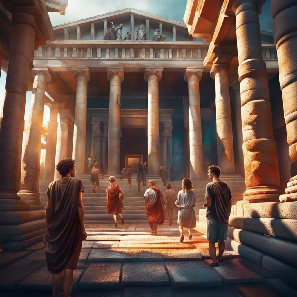 People at Ancient Roman Temple in Hyperrealism