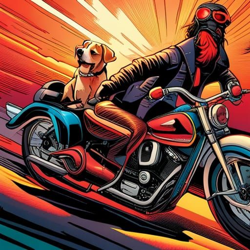 Pickle Rides Harley with Dachshund: Comic Book Art