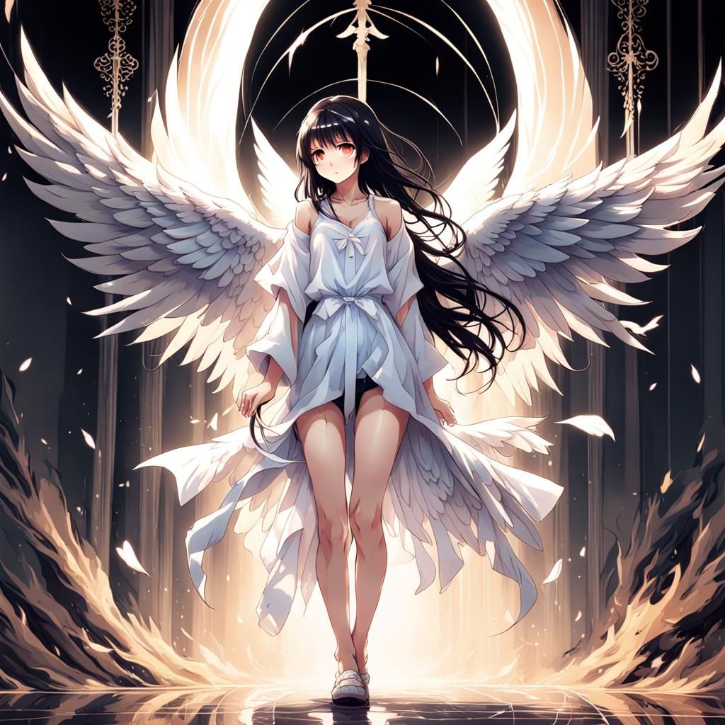 Anime Angel Woman with Black Hair and Wings