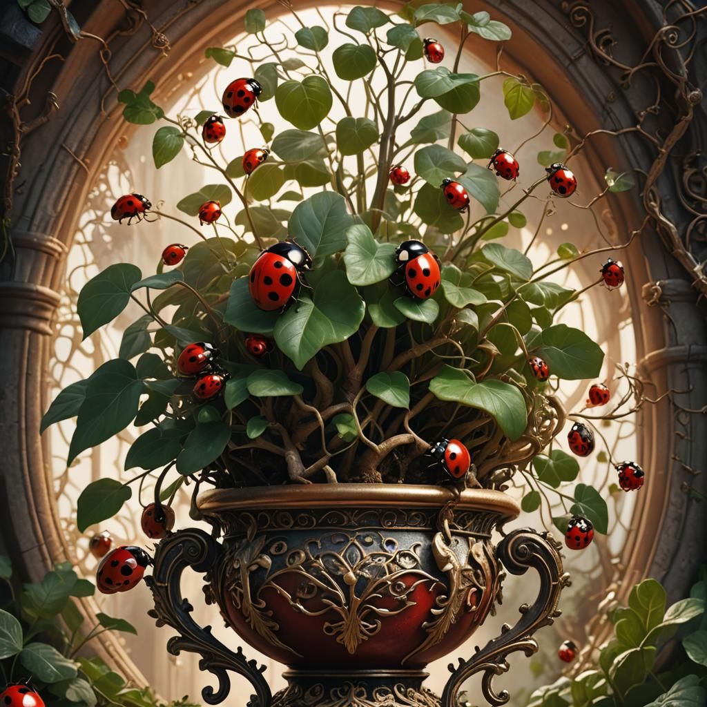Ladybug on Ornate Pot: Art Nouveau Fantasy