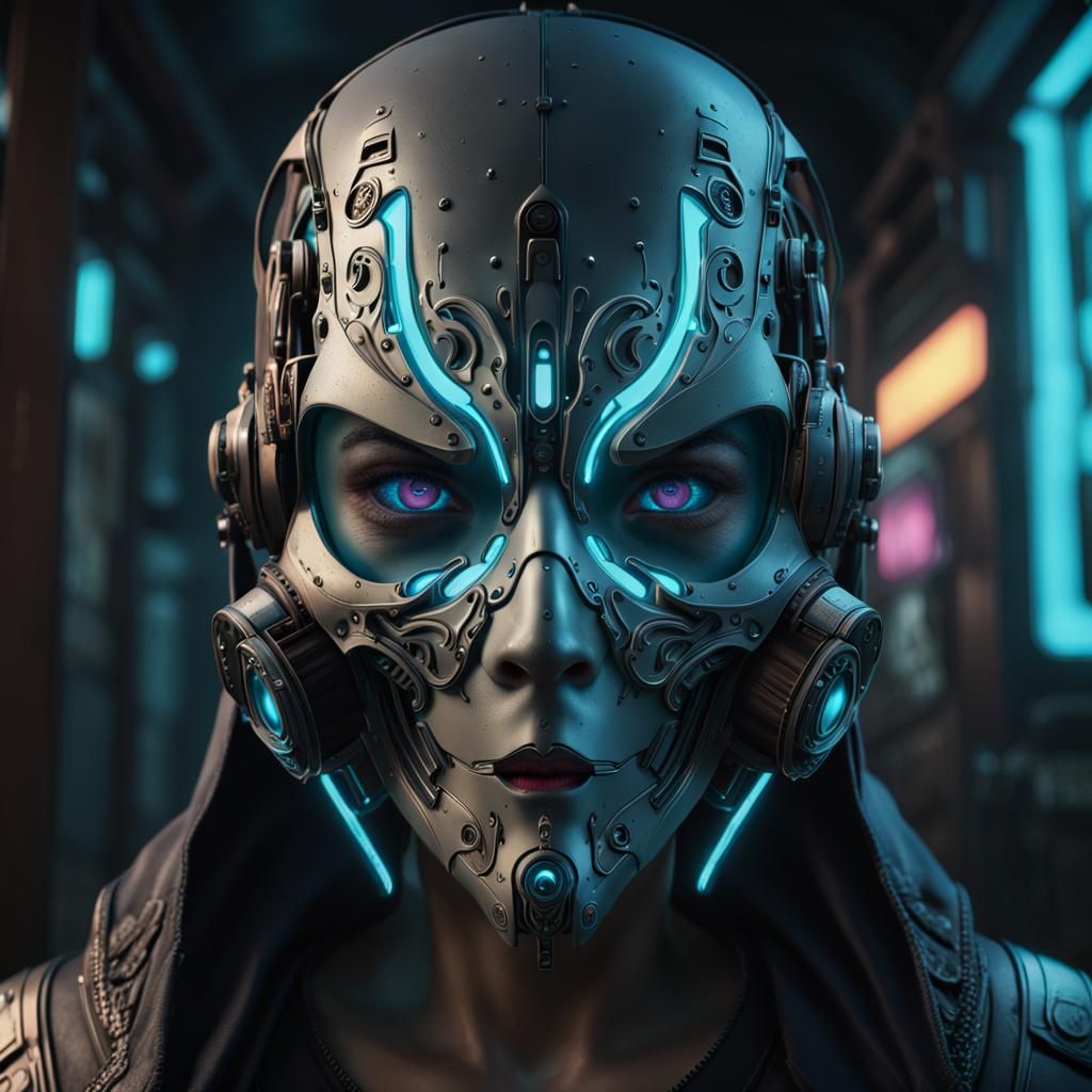 Bioluminescent Cyberpunk Ghost Mask in Detailed Painting