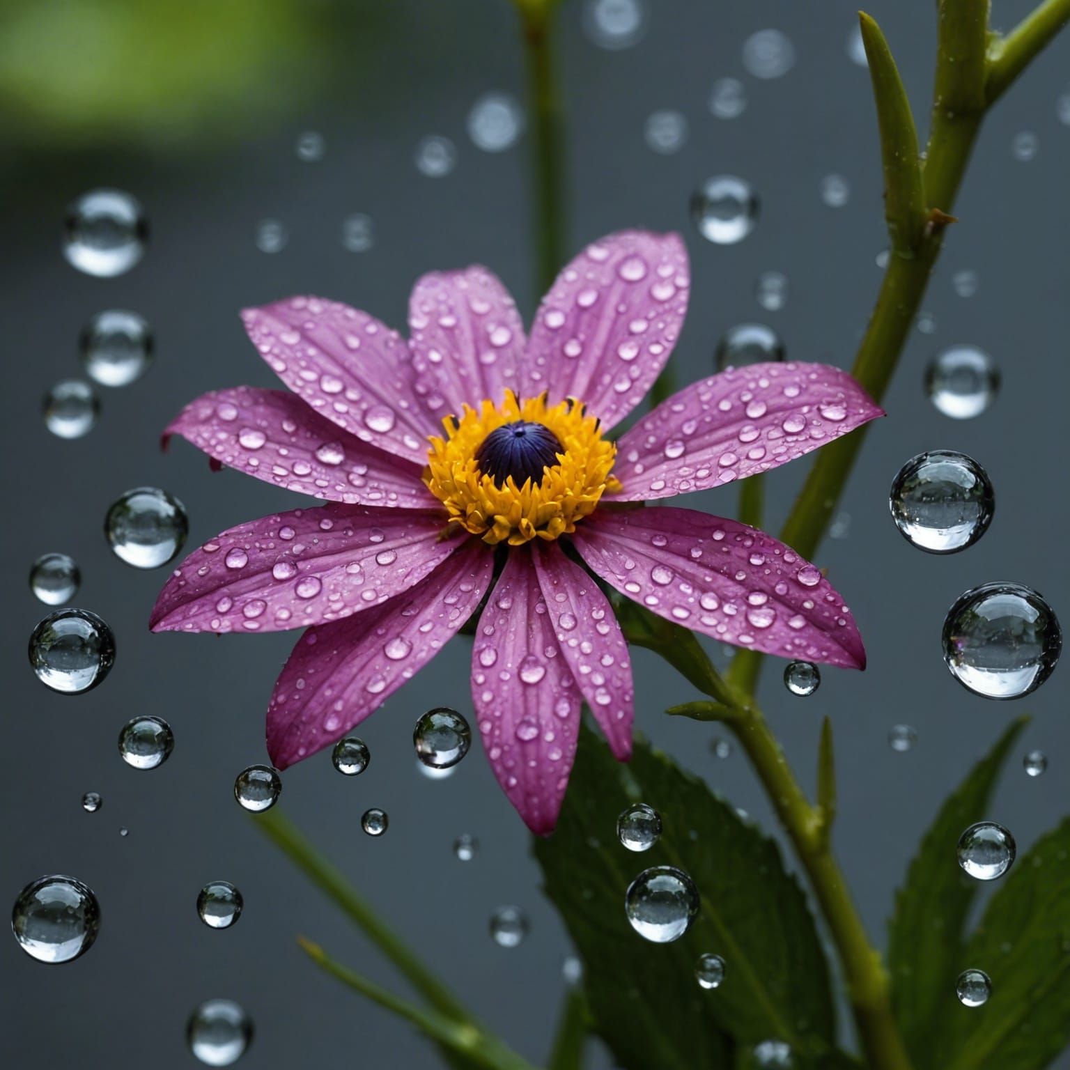 Hyperrealistic Drops on Rainy Day with Flower Reflections