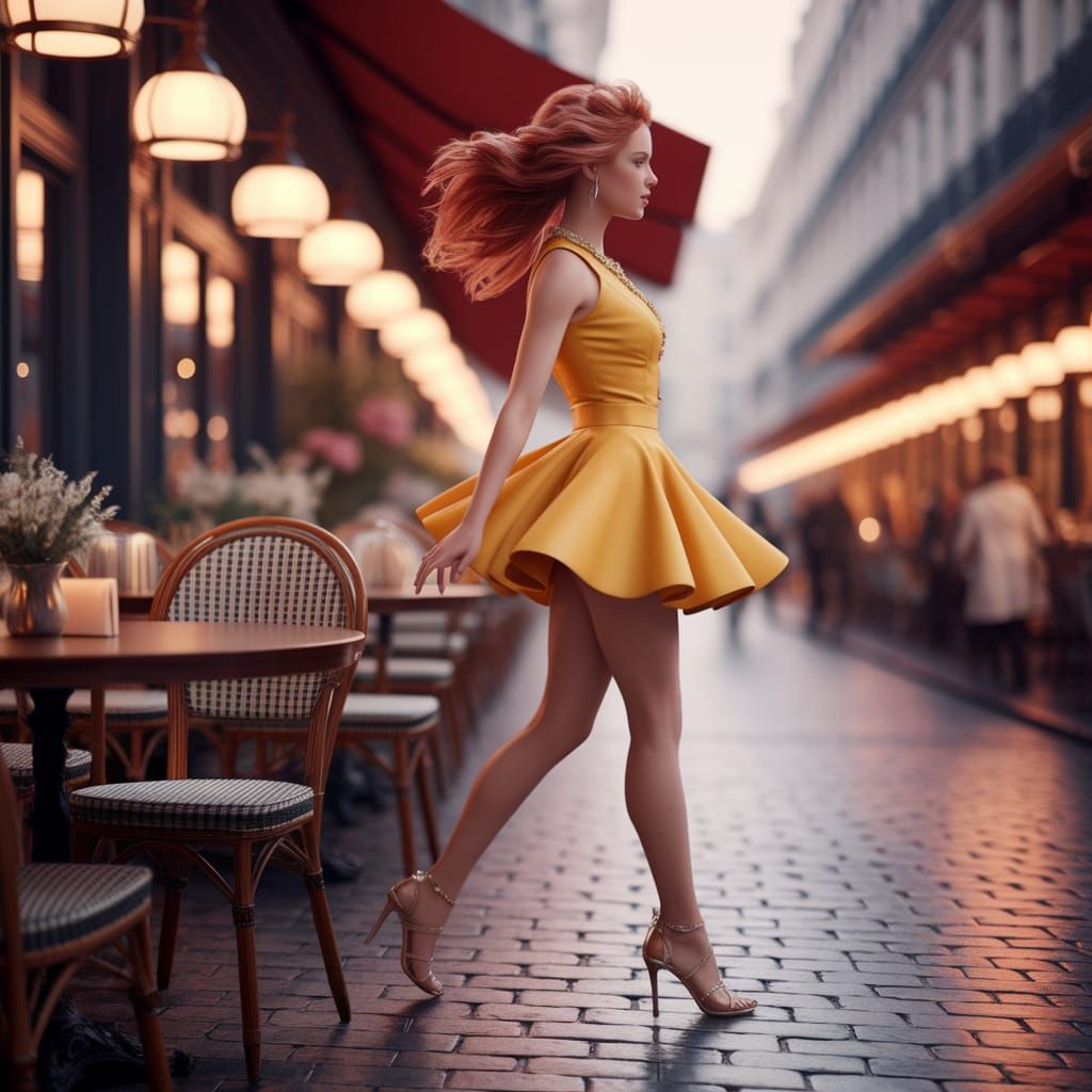Woman in Yellow Skirt at European Cafe, Digital Art