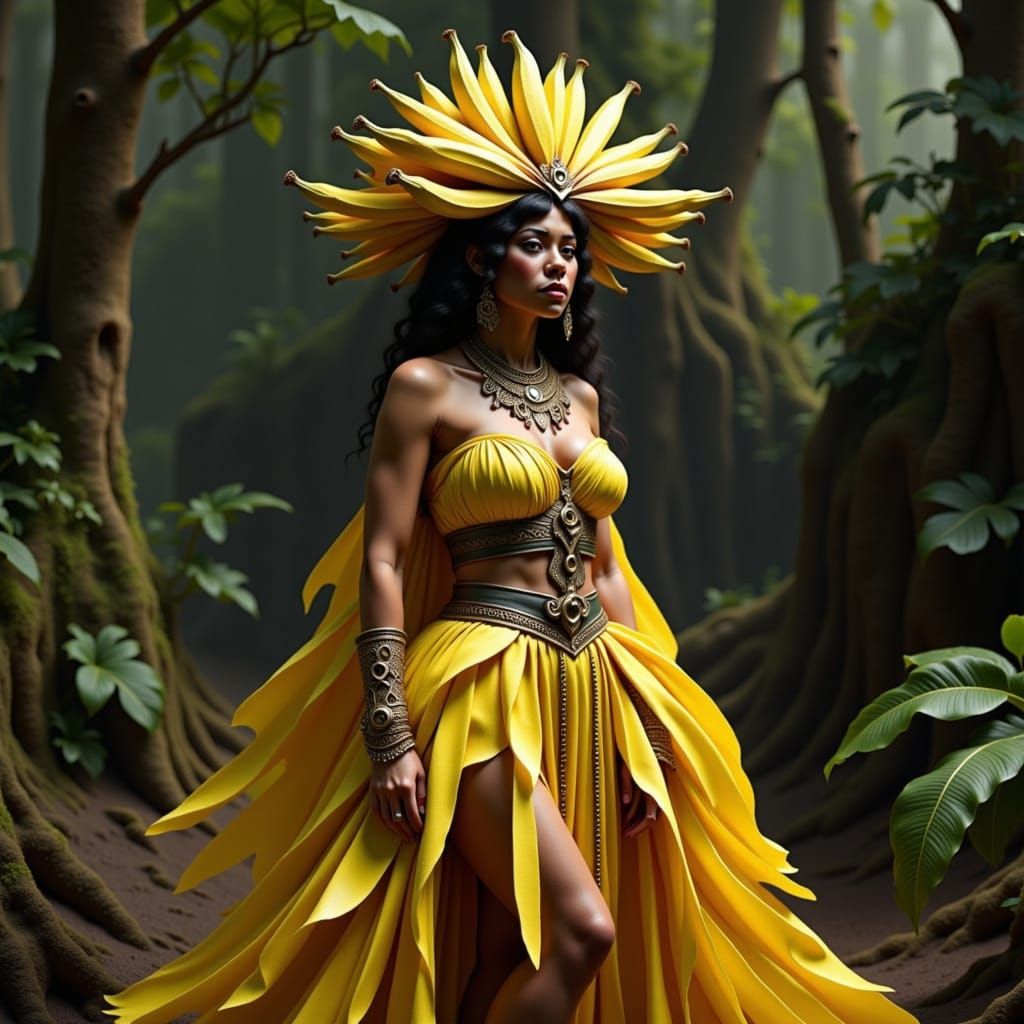 Neanderthal Fashionista with Banana Hat and Leafy Dress